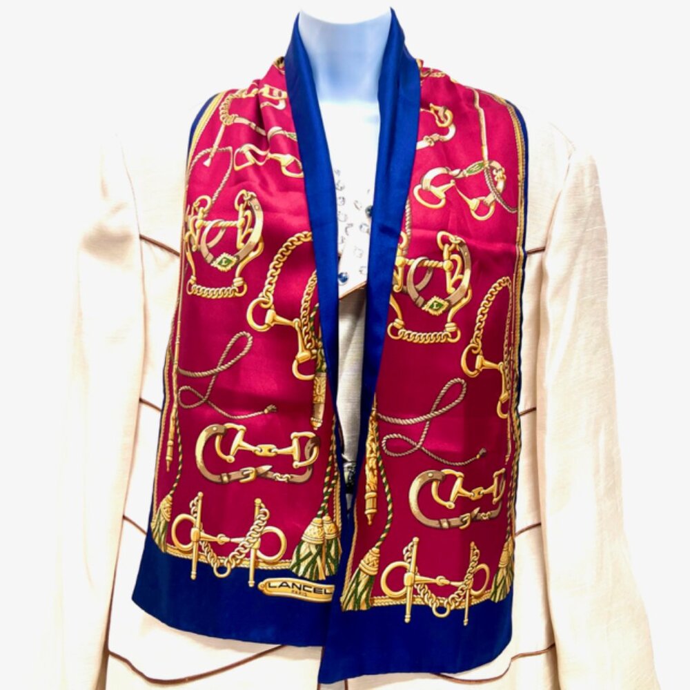 Riversable  Lancel Paris Silk Satin Scarf 54"x8"" red b;ue  gold chain  (78